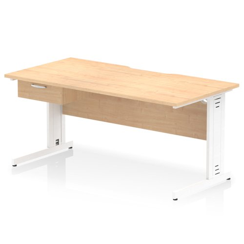 Impulse 1600 x 800mm Scalloped Edge Straight Office Desk Maple Top White Cable Managed Leg Workstation 1 x 1 Drawer Fixed Pedestal