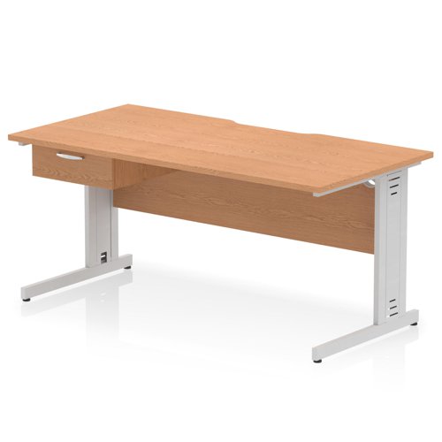 Impulse 1600 x 800mm Scalloped Edge Straight Office Desk Oak Top Silver Cable Managed Leg Workstation 1 x 1 Drawer Fixed Pedestal