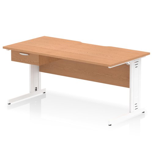 Impulse 1600 x 800mm Scalloped Edge Straight Office Desk Oak Top White Cable Managed Leg Workstation 1 x 1 Drawer Fixed Pedestal