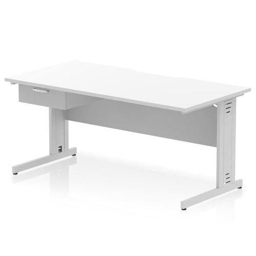 Impulse 1600 x 800mm Scalloped Edge Straight Office Desk White Top Silver Cable Managed Leg Workstation 1 x 1 Drawer Fixed Pedestal