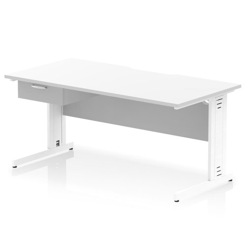 Impulse 1600 x 800mm Scalloped Edge Straight Office Desk White Top White Cable Managed Leg Workstation 1 x 1 Drawer Fixed Pedestal