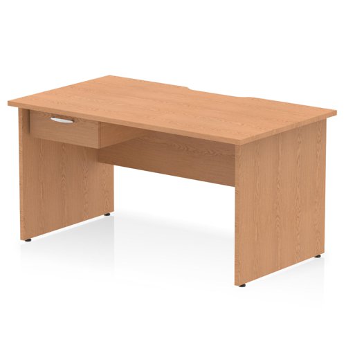 Impulse 1400 x 800mm Scalloped Edge Straight Office Desk Oak Top Panel End Leg Workstation 1 x 1 Drawer Fixed Pedestal