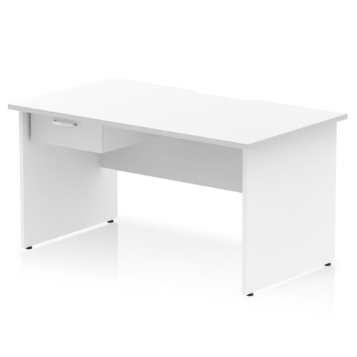 Impulse 1400 x 800mm Scalloped Edge Straight Office Desk White Top Panel End Leg Workstation 1 x 1 Drawer Fixed Pedestal