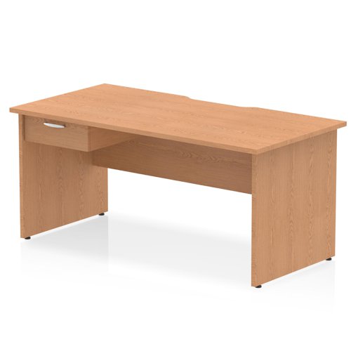 Impulse 1600 x 800mm Scalloped Edge Straight Office Desk Oak Top Panel End Leg Workstation 1 x 1 Drawer Fixed Pedestal