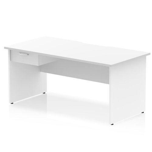 Impulse 1600 x 800mm Scalloped Edge Straight Office Desk White Top Panel End Leg Workstation 1 x 1 Drawer Fixed Pedestal