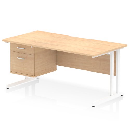 Impulse 1600 x 800mm Scalloped Edge Straight Office Desk Maple Top White Cantilever Leg Workstation 1 x 2 Drawer Fixed Pedestal