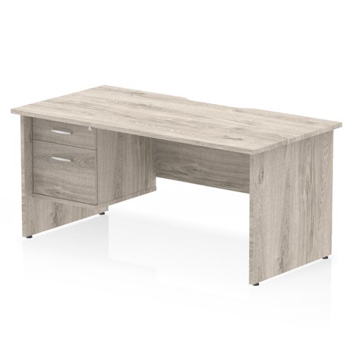 Impulse 1600 x 800mm Scalloped Edge Straight Office Desk Grey Oak Top Panel End Leg Workstation 1 x 2 Drawer Fixed Pedestal