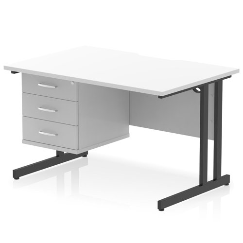 Impulse 1200 x 800mm Scalloped Edge Straight Office Desk White Top Black Cantilever Leg Workstation 1 x 3 Drawer Fixed Pedestal