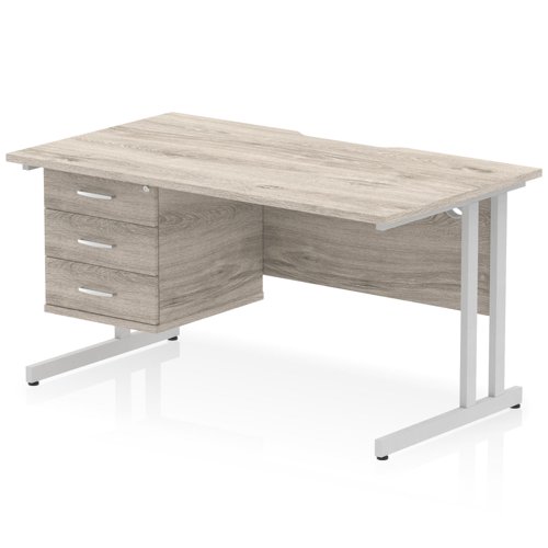 Impulse 1400 x 800mm Scalloped Edge Straight Office Desk Grey Oak Top Silver Cantilever Leg Workstation 1 x 3 Drawer Fixed Pedestal