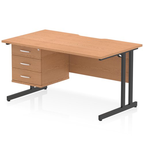 Impulse 1400 x 800mm Scalloped Edge Straight Office Desk Oak Top Black Cantilever Leg Workstation 1 x 3 Drawer Fixed Pedestal