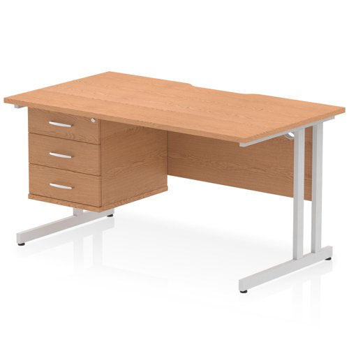 Impulse 1400 x 800mm Scalloped Edge Straight Office Desk Oak Top Silver Cantilever Leg Workstation 1 x 3 Drawer Fixed Pedestal