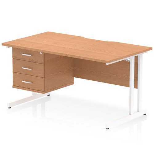 Impulse 1400 x 800mm Scalloped Edge Straight Office Desk Oak Top White Cantilever Leg Workstation 1 x 3 Drawer Fixed Pedestal