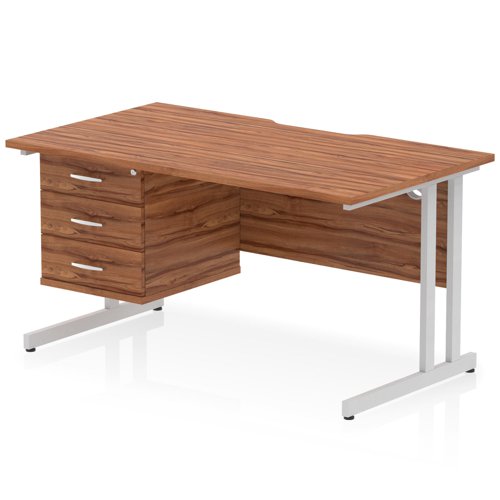 Impulse 1400 x 800mm Scalloped Edge Straight Office Desk Walnut Top Silver Cantilever Leg Workstation 1 x 3 Drawer Fixed Pedestal