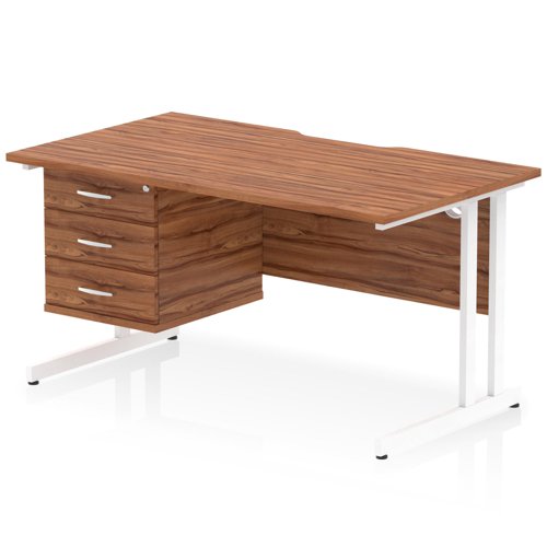 Impulse 1400 x 800mm Scalloped Edge Straight Office Desk Walnut Top White Cantilever Leg Workstation 1 x 3 Drawer Fixed Pedestal
