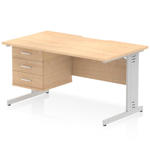 Impulse 1400 x 800mm Scalloped Edge Straight Office Desk Maple Top Silver Cable Managed Leg Workstation 1 x 3 Drawer Fixed Pedestal