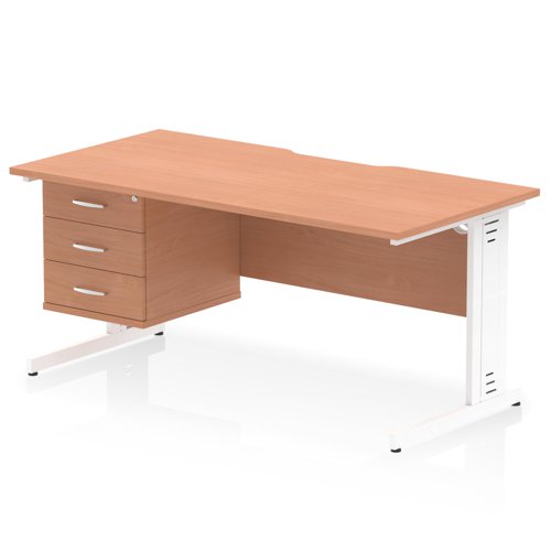 Impulse 1600 x 800mm Scalloped Edge Straight Office Desk Beech Top White Cable Managed Leg Workstation 1 x 3 Drawer Fixed Pedestal
