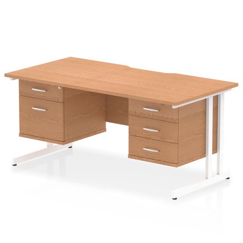 Impulse 1600 x 800mm Scalloped Edge Straight Office Desk Oak Top White Cantilever Leg Workstation 1 x 2 Drawer 1 x 3 Drawer Fixed Pedestal