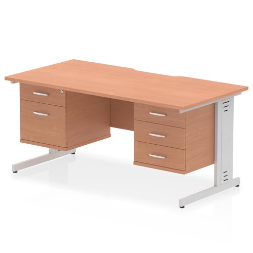 Impulse 1600 x 800mm Scalloped Edge Straight Office Desk Beech Top Silver Cable Managed Leg Workstation 1 x 2 Drawer 1 x 3 Drawer Fixed Pedestal