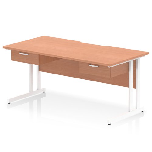 Impulse 1600 x 800mm Scalloped Edge Straight Office Desk Beech Top White Cantilever Leg Workstation 2 x 1 Drawer Fixed Pedestal