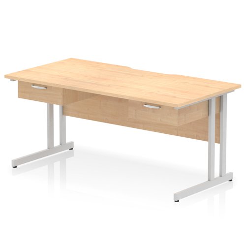 Impulse 1600 x 800mm Scalloped Edge Straight Office Desk Maple Top Silver Cantilever Leg Workstation 2 x 1 Drawer Fixed Pedestal