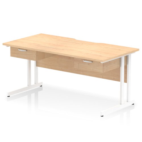 Impulse 1600 x 800mm Scalloped Edge Straight Office Desk Maple Top White Cantilever Leg Workstation 2 x 1 Drawer Fixed Pedestal