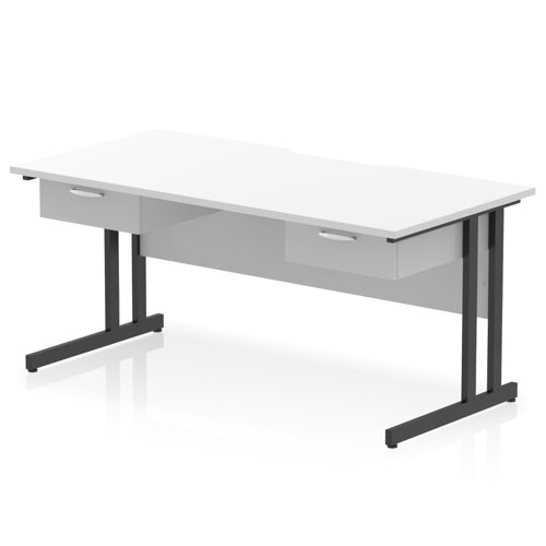 Impulse 1600 x 800mm Scalloped Edge Straight Office Desk White Top Black Cantilever Leg Workstation 2 x 1 Drawer Fixed Pedestal