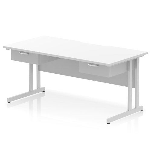 Impulse 1600 x 800mm Scalloped Edge Straight Office Desk White Top Silver Cantilever Leg Workstation 2 x 1 Drawer Fixed Pedestal