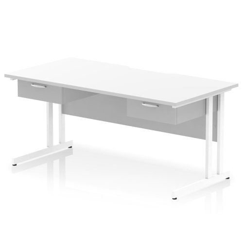 Impulse 1600 x 800mm Scalloped Edge Straight Office Desk White Top White Cantilever Leg Workstation 2 x 1 Drawer Fixed Pedestal