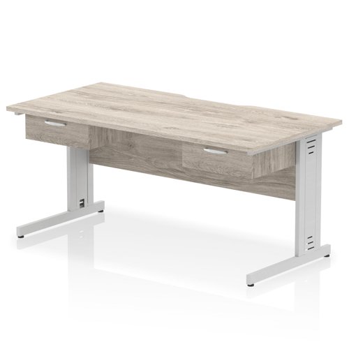 Impulse 1600 x 800mm Scalloped Edge Straight Office Desk Grey Oak Top Silver Cable Managed Leg Workstation 2 x 1 Drawer Fixed Pedestal