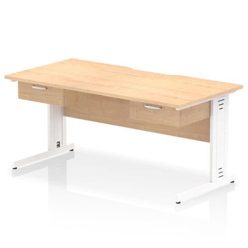 Impulse 1600 x 800mm Scalloped Edge Straight Office Desk Maple Top White Cable Managed Leg Workstation 2 x 1 Drawer Fixed Pedestal