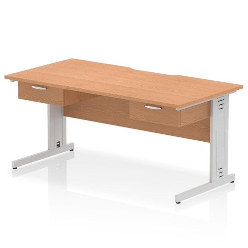 Impulse 1600 x 800mm Scalloped Edge Straight Office Desk Oak Top Silver Cable Managed Leg Workstation 2 x 1 Drawer Fixed Pedestal