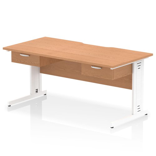 Impulse 1600 x 800mm Scalloped Edge Straight Office Desk Oak Top White Cable Managed Leg Workstation 2 x 1 Drawer Fixed Pedestal