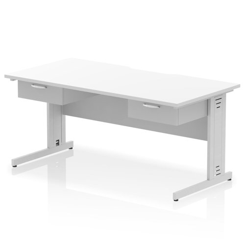 Impulse 1600 x 800mm Scalloped Edge Straight Office Desk White Top Silver Cable Managed Leg Workstation 2 x 1 Drawer Fixed Pedestal