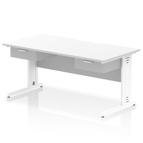 Impulse 1600 x 800mm Scalloped Edge Straight Office Desk White Top White Cable Managed Leg Workstation 2 x 1 Drawer Fixed Pedestal