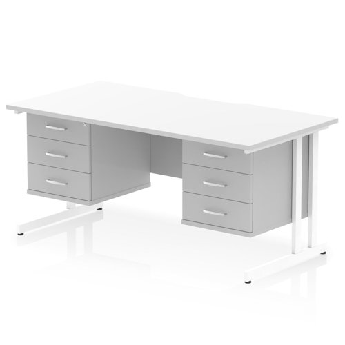 Impulse 1600 x 800mm Scalloped Edge Straight Office Desk White Top White Cantilever Leg Workstation 2 x 3 Drawer Fixed Pedestal