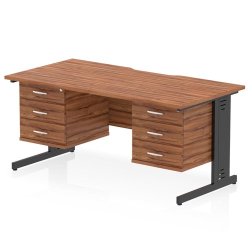 Impulse 1600 x 800mm Scalloped Edge Straight Office Desk Walnut Top Black Cable Managed Leg Workstation 2 x 3 Drawer Fixed Pedestal