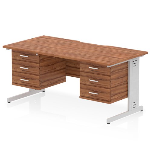 Impulse 1600 x 800mm Scalloped Edge Straight Office Desk Walnut Top Silver Cable Managed Leg Workstation 2 x 3 Drawer Fixed Pedestal