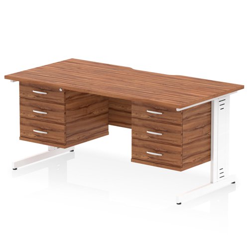 Impulse 1600 x 800mm Scalloped Edge Straight Office Desk Walnut Top White Cable Managed Leg Workstation 2 x 3 Drawer Fixed Pedestal