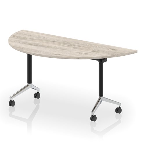 Impulse Plus Flip Top 1600mm Semi-Circle Table With Chrome Foot Grey Oak Top