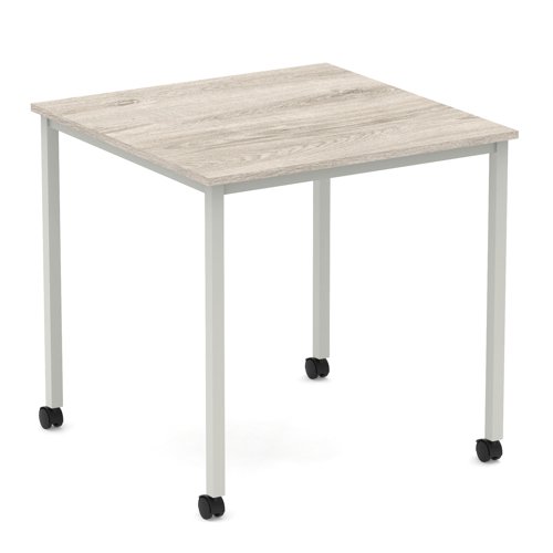 Impulse 800mm Straight Table Grey Oak Top Silver Box Frame Leg with Castors
