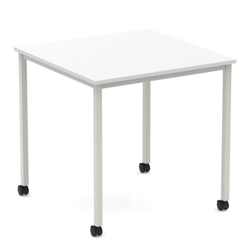 Impulse 800mm Straight Table White Top Silver Box Frame Leg with Castors
