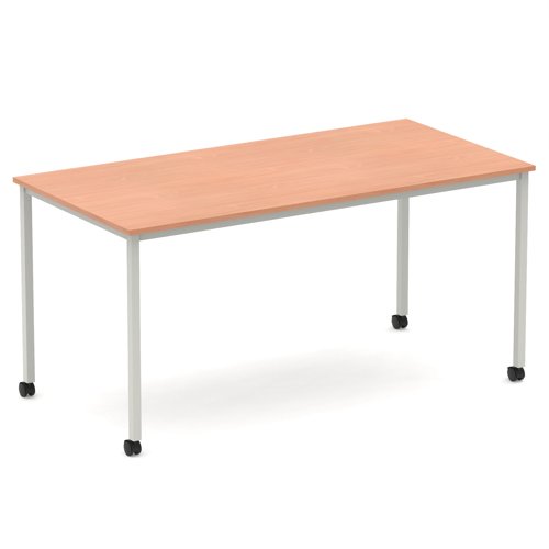 Impulse 1600mm Straight Table Beech Top Silver Box Frame Leg with Castors
