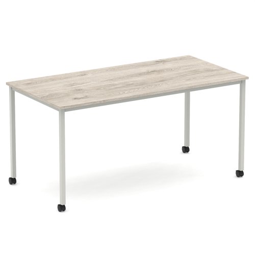 Impulse 1600mm Straight Table Grey Oak Top Silver Box Frame Leg with Castors