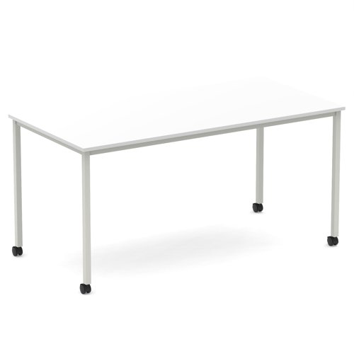 Impulse 1600mm Straight Table White Top Silver Box Frame Leg with Castors