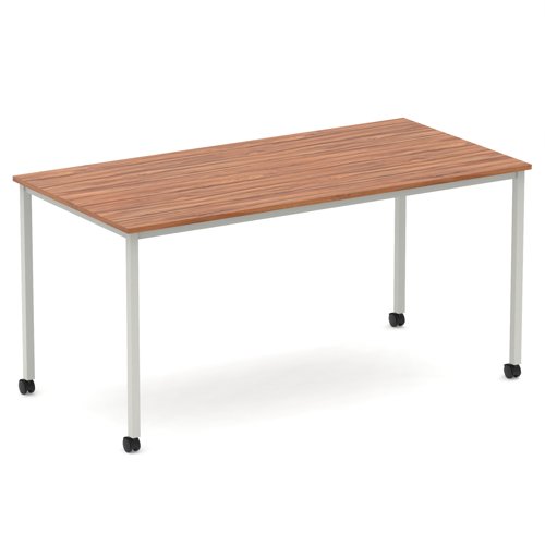 Impulse 1600mm Straight Table Walnut Top Silver Box Frame Leg with Castors