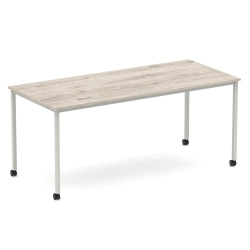Impulse 1800mm Straight Table Grey Oak Top Silver Box Frame Leg with Castors