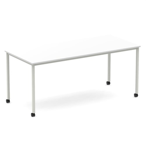 Impulse 1800mm Straight Table White Top Silver Box Frame Leg with Castors