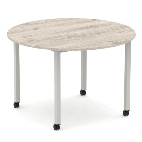 Impulse 1200mm Round Table Grey Oak Top Silver Box Frame Leg with Castors