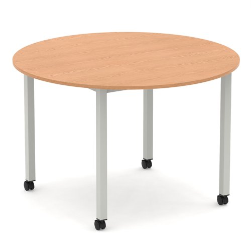 Impulse 1200mm Round Table Oak Top Silver Box Frame Leg with Castors