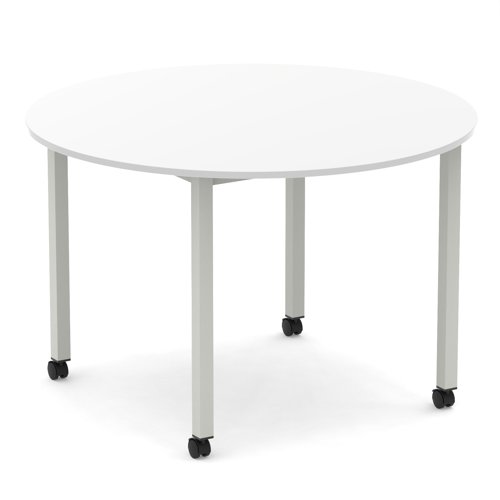 Impulse 1200mm Round Table White Top Silver Box Frame Leg with Castors